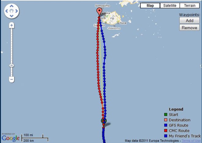 Predictwind is prescribing a near-direct route, with a couple of options - for TVS for the final run to the finish of the Auckland-Fiji Race as of 2200hrs on 8 June.  © PredictWind.com www.predictwind.com